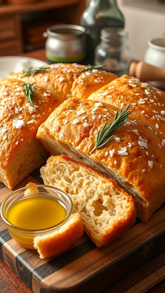 Bread Machine Focaccia Bread Recipe Golden brown focaccia bread topped with rosemary and sea salt, served with olive oil on a wooden board.